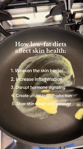 Low fat diets can quietly destabilize the skin. Here’s how chronically low fat intake can affect the skin: 1: Weakens the skin barrier The skin barrier is lipid-based. When fat intake is too low, the barrier weakens, leading to dryness, sensitivity, and moisture loss. 2: Increases inflammation Fats help regulate inflammation. Without enough, the skin stays inflamed and breakouts take longer to heal. 3: Disrupts hormone signaling Hormones are built from cholesterol and fat. Instability here often