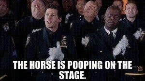 The horse is pooping on the stage.