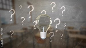 Animation of light bulb and question marks over class room background