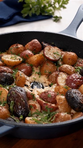 Imported Beaufort cheese is a must try this holiday season. A firm, raw cow's milk cheese in the gruyère family, it's an Alpine cheese produced in the French Alps. 🇫🇷 Beaufort is firm and buttery with a perfect melt. So, it's the most delicious cheesy bed for roasted herbed potatoes. This will make a most impressive side dish. #charcuterie #charcuterieboard #cheese #cheeseplatter #cheeseplate #wineandcheese #foodie #cheeselover | I Love Imported Cheese