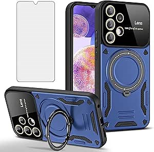 Phone Case for Samsung Galaxy A23 5G/4G with Tempered Glass Screen Wrist Strap Lanyard Heavy Duty Protector Cover 360°Rotatable Invisible Ring Slim Stand Protective A 23 23A 6.6 Women Blue