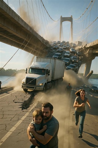 😨😱 The morning began as usual: traffic jams, gray sky, sleepy drivers clutching their coffee. No one noticed how the steel beneath the wheels was slowly cracking. No one — except Alex. He felt it before anyone else — a faint vibration, as if the bridge were breathing. For a moment he thought it was the wind, but the sound grew stronger. Instinct made him act. He jumped out of the cab, looked down — and his heart sank. The asphalt was covered in fine cracks, but one — long and alive — was crawl
