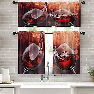 Farmhouse Kitchen Curtains Red Wine Window Curtains Valance and Tier Set 36 Inch, Romantic Love Rod Pocket Short Tier Curtain, Vintage Retro Small Cafe Curtains for Kitchen Decor