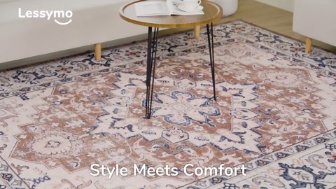 Lessymo 8 x 10 Area Rugs for Living Room- Machine Washable Area Rugs Boho Faux Wool Low Pile Area Rug for Bedroom, Floral Medallion Vintage Rugs with Non-Slip Rubber, Kid & Pet Friendly, Grey White