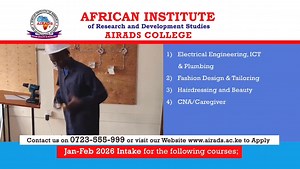 Welcome the Best TVET College in Kenya- to Our Jan-Feb 2026 Intake in the following schools 1. School of Medical and Social Sciences, Certified Nursing Assistant (CNA/CareGiver), Community Health, Nutrition and Dietetics, Social work and Community Development, Health Records and IT. 2. School of Electrical, Electronics Engineering and ICT, 3. School of Hospitality - Food and Beverages Production service and Sales , Catering and Accomodation, Tourism studies and Travel Operations. 4. School Fashi