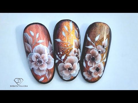 Autumn cat eye nail art with one stroke flowers. Beautiful fall cat eye nail design tutorial.