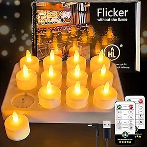 HL Rechargeable Tea Lights with Remote & Charging Base,12pcs 50+Hours Rechargeable Battery Operated Tea Lights Timer, LED Votive TeaLights Flameless Candles Yellow Light for Wedding Home Party Decor