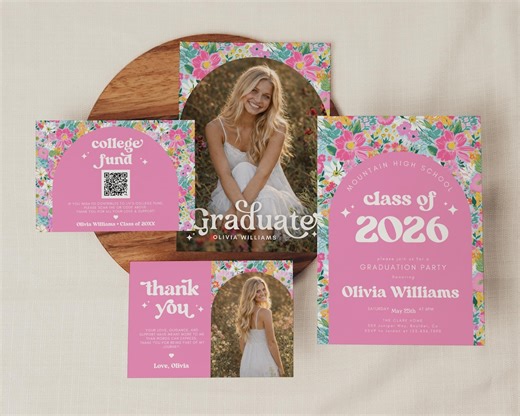 Pink Floral Graduation Party Invitation Bundle, Class of 2026 Grad Invite With College Fund & Thank You Cards, Editable Canva Template Set - Etsy