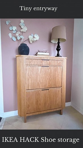 Hana | DIY & Home Design on Instagram: "TINY entryway shoe storage solution    I had no space for this beautiful shoe cabinet I made. This IKEA HACK works perfectly in my mom’s entryway for all her grandkids tiny shoes. Although I know you wish I gave it to you … 殺 sorry! Detailed tutorial on my blog. Link in bio. #tinyentryway #shoestorage #ikeahack #polewraphack"