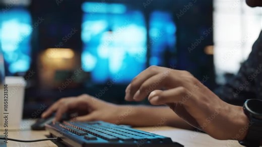 Focused African American man typing on keyboard at desk, using computer for work. Technology and business concept.