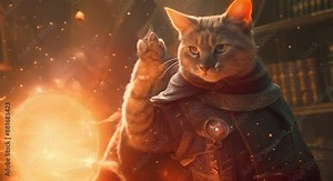 A cat adorned in wizard robes performing magic in a mystical library environment with glowing symbols and spells.