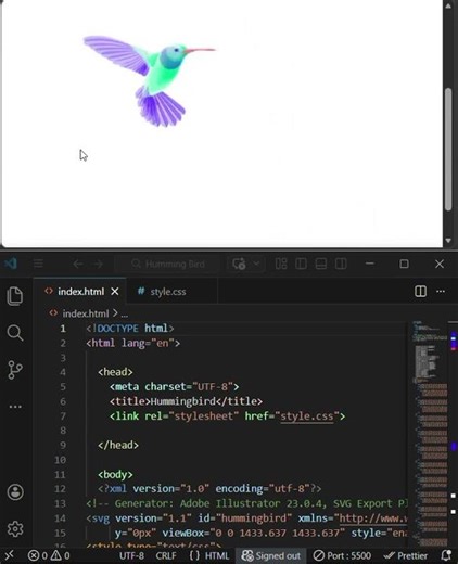 How to create Humming Bird by using HTML and CSS in VS code.
