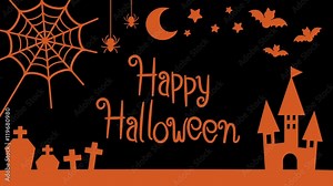 シルエット風イラストとHappy Halloweenロゴのモーション・アニメーション ループ素材