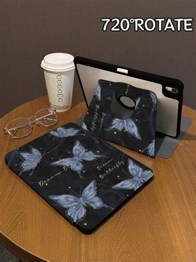 1 Piece, Black Flashing Butterfly Rotatable IPad Protective Case, Crystal Transparent Acrylic Hard Shell, Thickened Silicone Anti-Collision, Automatic Wake-Up/Sleep, With Pen Slot, Anti-Drop Thin, Suitable For IPad 10th/9th, Pro 11 2024/Ipad 11 2025 Cheap And Practical, Hollowed Out On The Back With Visible Logo Design | SHEIN