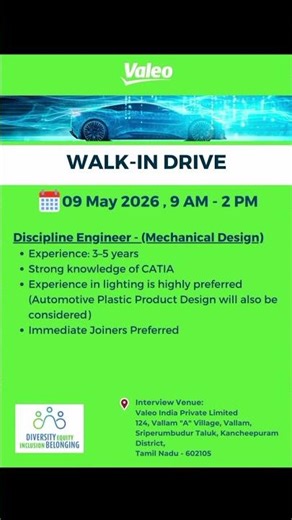 Valeo Mechanical Design Engineers Walk In Drive 09th May 2026