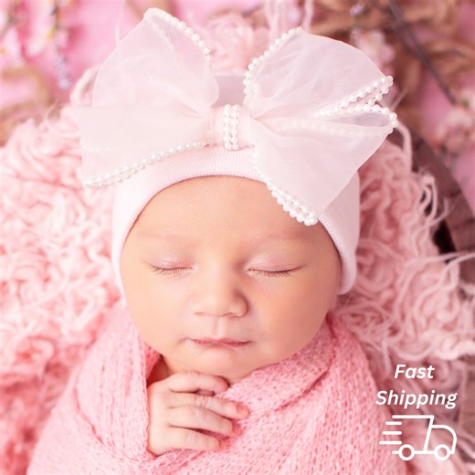 Newborn Hospital Hat: Chiffon Bow With Pearl Trim, Handmade USA - Etsy