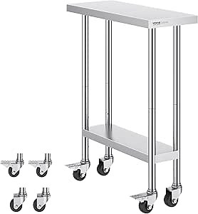 VEVOR Stainless Steel Work Table 30 x 12 x 38 Inch, with 4 Wheels, 3 Adjustable Height Levels, Heavy Duty Food Prep Worktable for Commercial Kitchen Restaurant, Silver