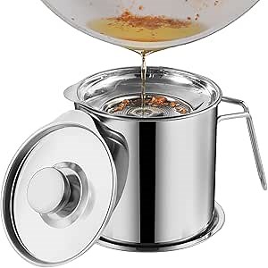 DIY HOME Bacon Grease Container, 1.8L / 61fl oz Cooking Oil Storage Strainer Oil Filter with Fine Mesh Strainer 304 Stainless Steel Grease Can for Kitchen Fat Storage
