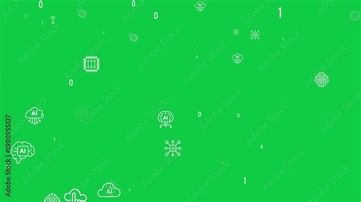 artificial intelligence technology and computer science icons on green screen animation, chroma key ai futuristic isolated social media motion design element