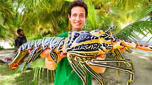 Eating giant rock lobster on a remote island known for seafood