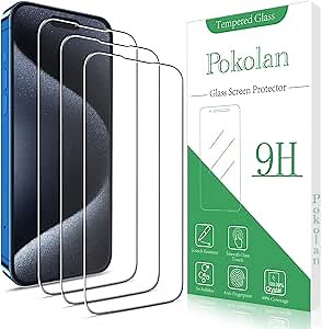 Pokolan (3-Pack Screen Protector for iPhone 15 Pro Tempered Glass Film, 9H Hardness, Bubble Free, Easy to Install, Case Friendly