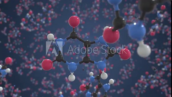 Uric acid molecule made with balls, isolated molecular model. Looping 3D animation or motion background
