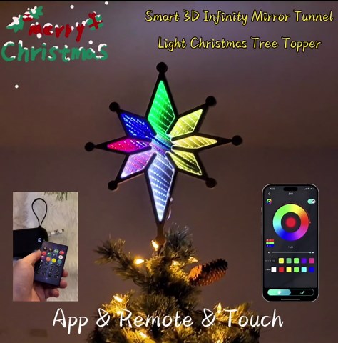 MEETYAMOR Smart Christmas Tree Topper, 13" 130 LEDs RGB Color Change Lighted 8-Point Star Tree Topper, App, Remote & Touch, USB Powered 3D Infinity Mirror Music Sync Treetop Decor for Xmas Party Gift