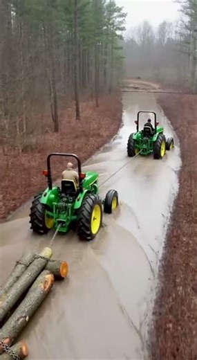 Powerful Tractors Pull Heavy Logs Off-Road