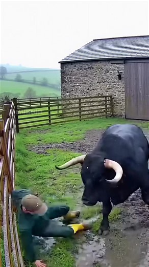 Irish Farmer Escapes Rampaging Bull in County Galway Galway, Ireland – February 22, 2025 A terrifying moment was captured on a farm in western Ireland when a bull turned on its owner during a storm. The footage shows the farmer, dressed in a thick wool sweater, fixing a broken fence line near an old stone wall. The pen is a quagmire of mud. Without warning, the black bull sprints across the enclosure. The farmer jumps back just as the animal slams into the fence, the force of the blow shaking th