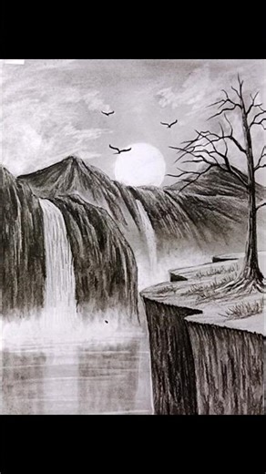 Waterfall Scenery Drawing 🌊🌙 Easy Pencil Sketch | MONTAGEM COMA #shorts