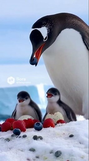 Baby Penguins Hatch and Eat Blueberries and Strawberries