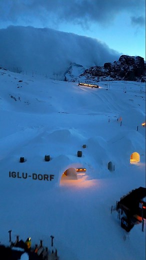 Polar Express crossing Zermatt Igloo village!🇨🇭🏔 Zermatt's igloo village is one of the much fancied hotels in the Swiss Alps. Located at Rotenboden on 2700m, the igloo village is high up to last for the entire Winter season. Staying overnight is certainly a unique experience: the igloo rooms are beautifully decorated with carvings of local motifs, the temperature inside is -1°C and you sleep inside an expedition sack to have warm for the entire night. At good weather, you can see the Matterho