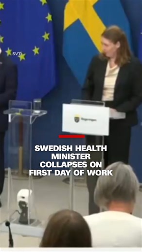 Sweden's new Health Minister, Elisabet Lann, collapsed on her first day of work while being introduced at a press conference. Lann says she collapsed due to low blood sugar. | CNN