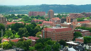 University of Tennessee campus in Knoxville, Tennessee. Aerial view of historical buildings. American public education and research.