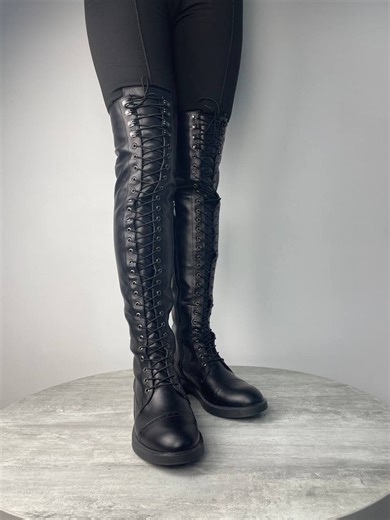 Black Over the Knee Lace up Boots for Women, Leather Thigh High Boots Front Lacing - Etsy