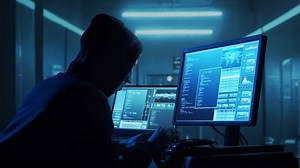 Computer Hacker in Hoodie. Obscured Dark Face. Hacker Attack, Virus Infected Software, Dark Web and Cyber Security concept