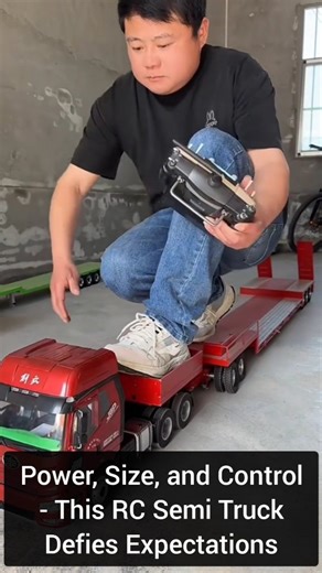 Science, Technology & Engineering on Instagram: "This video showcases a large-scale, high-powered remote-control (RC) semi-trailer truck capable of carrying the weight of an adult man. In the demonstration, a man rides on top while controlling the truck with a remote, highlighting its impressive power, stability, and reliability. The RC truck is a highly detailed replica of a heavy-duty commercial vehicle, combining scale realism with extreme performance. It's a visually satisfying and entertain