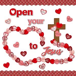 CY2SIDE 99pcs Open Your Heart to Jesus Cutouts for Bulletin Board Set Easter Red Heart Foldable Cross Name Tags Christian Sunday School Church Theme Trim Border Religious Classroom Activities Project