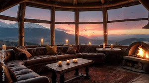 stream overlay loop animation. virtual backgrounds. live wallpapers. Cozy lounge with candles and fireplace & window sunrise scenery. vtuber streamer asset zoom OBS screen. chill lo-fi hip hop video