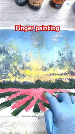 Sunset flower field acrylic finger painting #paintingtutorial #landscapepainting