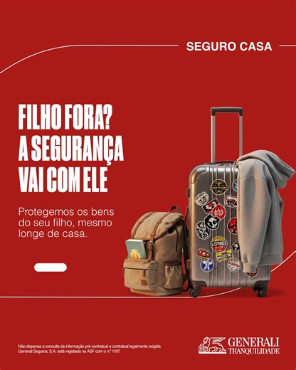 Mesmo quando eles dão o salto para a independência, a Generali Tranquilidade continua a seu lado. Com o Seguro Casa, os bens do seu filho ficam protegidos, mesmo longe de casa. Porque crescer é importante, mas sentir-se seguro ainda mais. 🎒🏠✨ Fale connosco e leve a segurança consigo, para onde for preciso. #SeguroCasa #ProteçãoForaDeCasa #GeneraliTranquilidade #FilhosProtegidos #SegurançaEmPrimeiroLugar #BensProtegidos #SimuleJá Faça já o seu pedido de simulação ou de contacto através do nosso