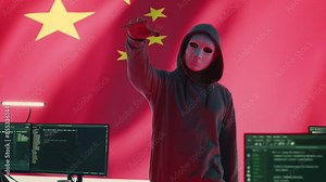 Chinese man presenting a human skull to make death threats, symbolizing criminal activity. Hacker asking for ransom after breaking into governmental security systems, digital mercenary work. Camera A.