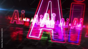 Artificial intelligence, cybernetic brain and machine learning with AI symbol concept. Futuristic abstract 3d rendering animation. Digital hyperspace flight.