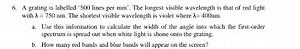 A grating is labelled ' 500 lines per mm '. The longest visible... | Filo