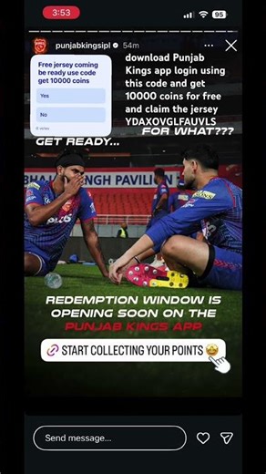 YDAXOVGLFAUVLS download Punjab Kings app login using this code and get 10000 coins claim the jersey
