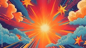 A burst of dynamic colors and shapes creates an energetic abstract explosion. Bright oranges, reds, and blues dominate the scene, with starburst patterns and dotted textures. Stock Video