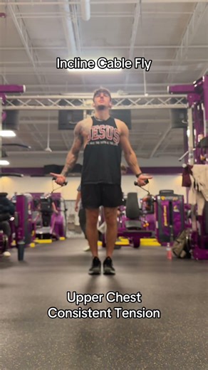 Incline cable fly technique for upper chest development with consistent tension.