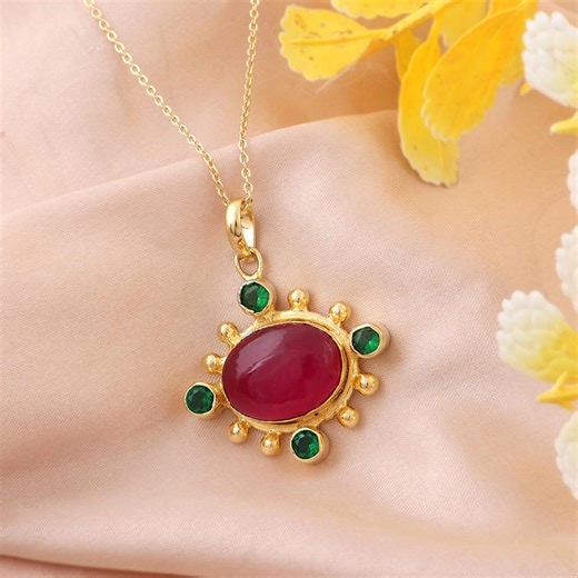 Ruby Jade With Emerald Quartz Pendant: 18k Gold Plated Raw Gemstone Handmade Jewelry - Etsy