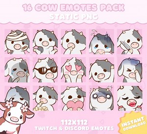 16 Cow Emotes Pack for Twitch, Youtube, Discord, Kick | Cute Cow Emotes | Static PNG Pack - Etsy
