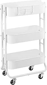 MAX Houser Slim 3-Tier Rolling Utility Cart, Narrow Metal Bathroom Storage Multifunctional Organizer Carts with Wheels with Extra Hook, Laundry Room,Kitchen,Small Space(White)